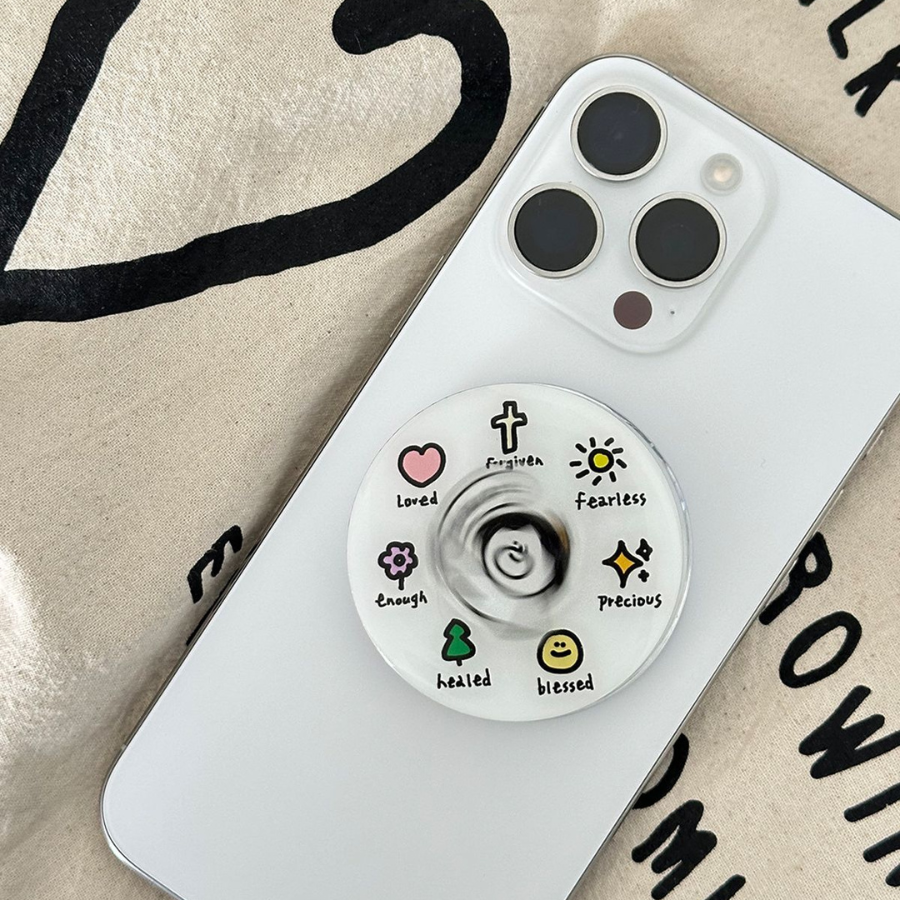 Inspirational Jesus spinner on a phone, featuring faith-based symbols and words.