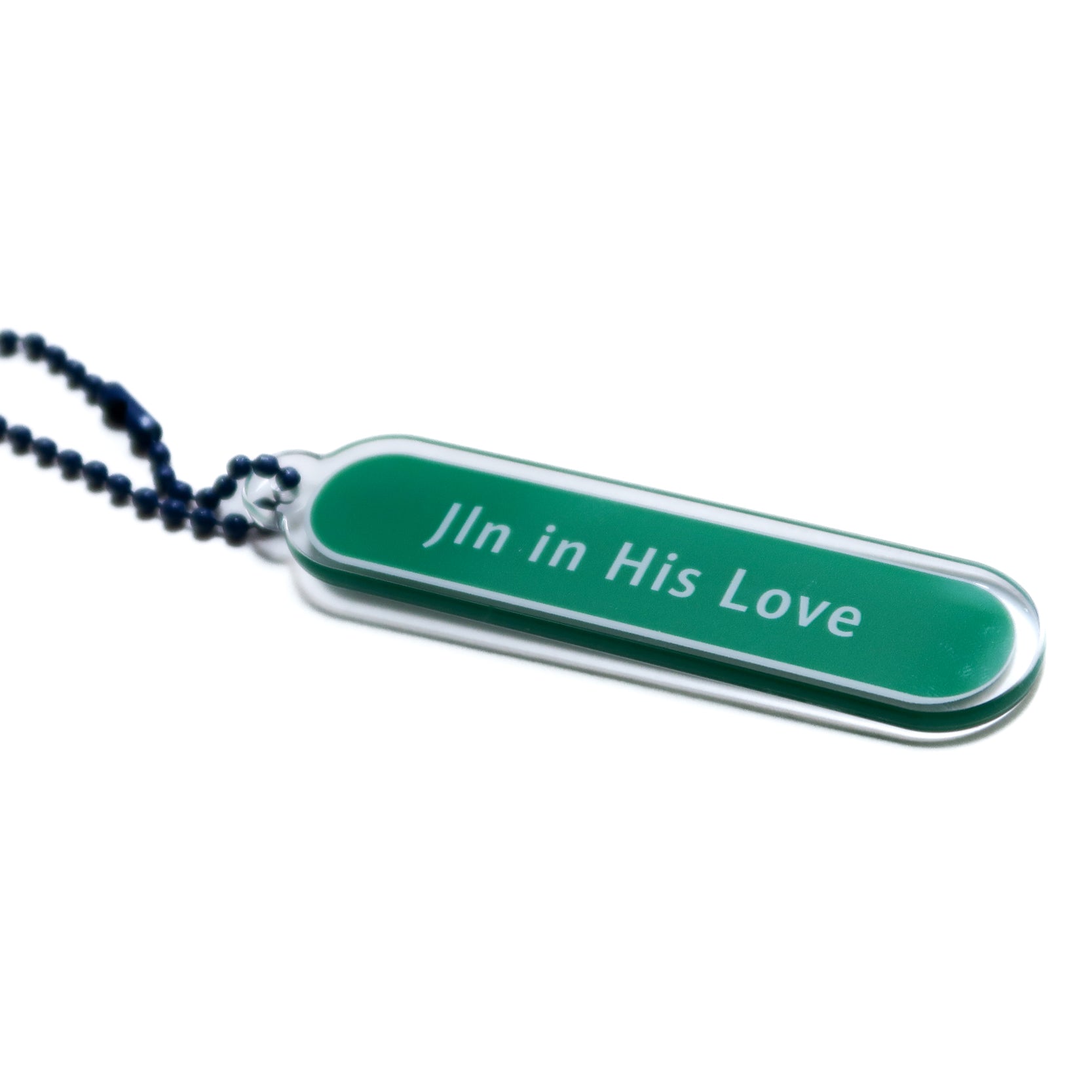 Acrylic keychain with "Jln in His Love" design, from The Commandment Co, Singapore.