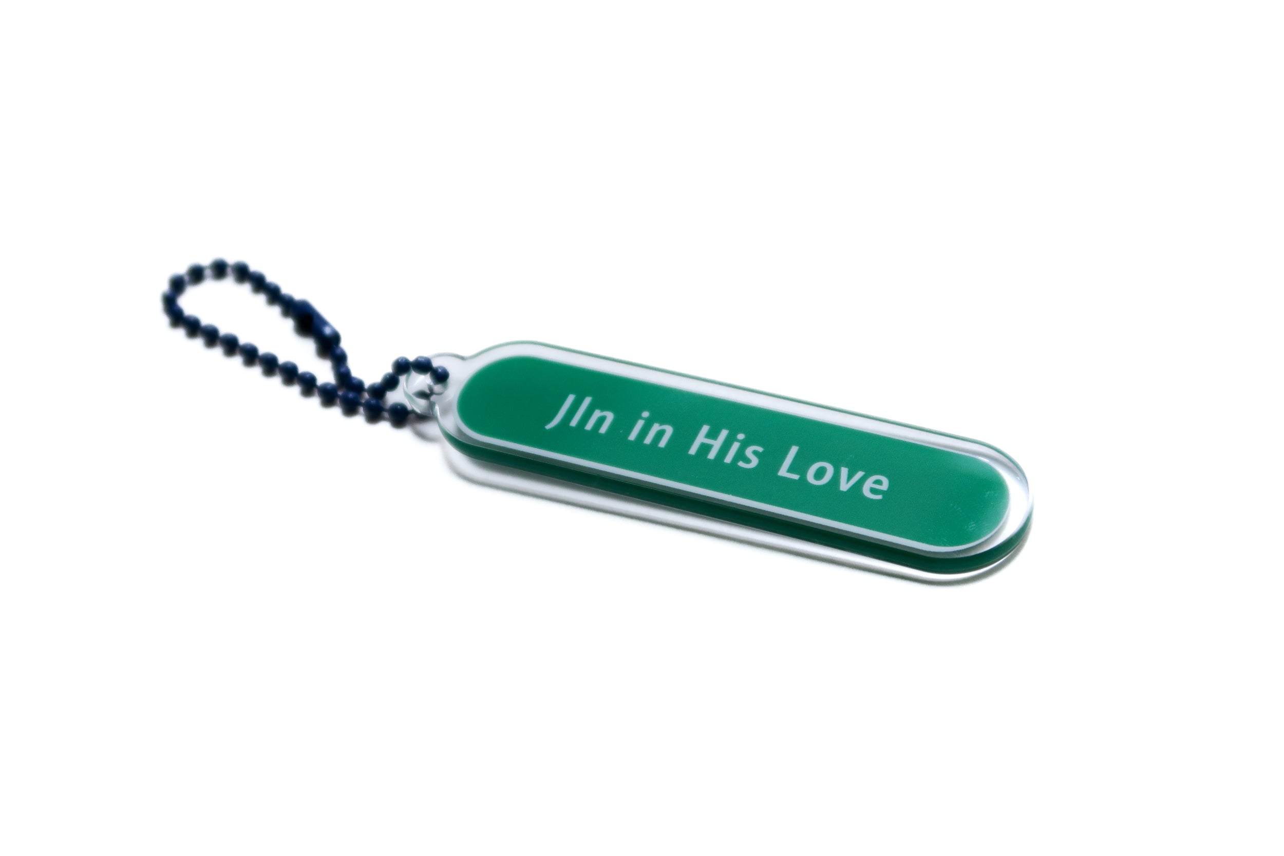 Acrylic keychain with "Jln in His Love" design, from The Commandment Co, Singapore.