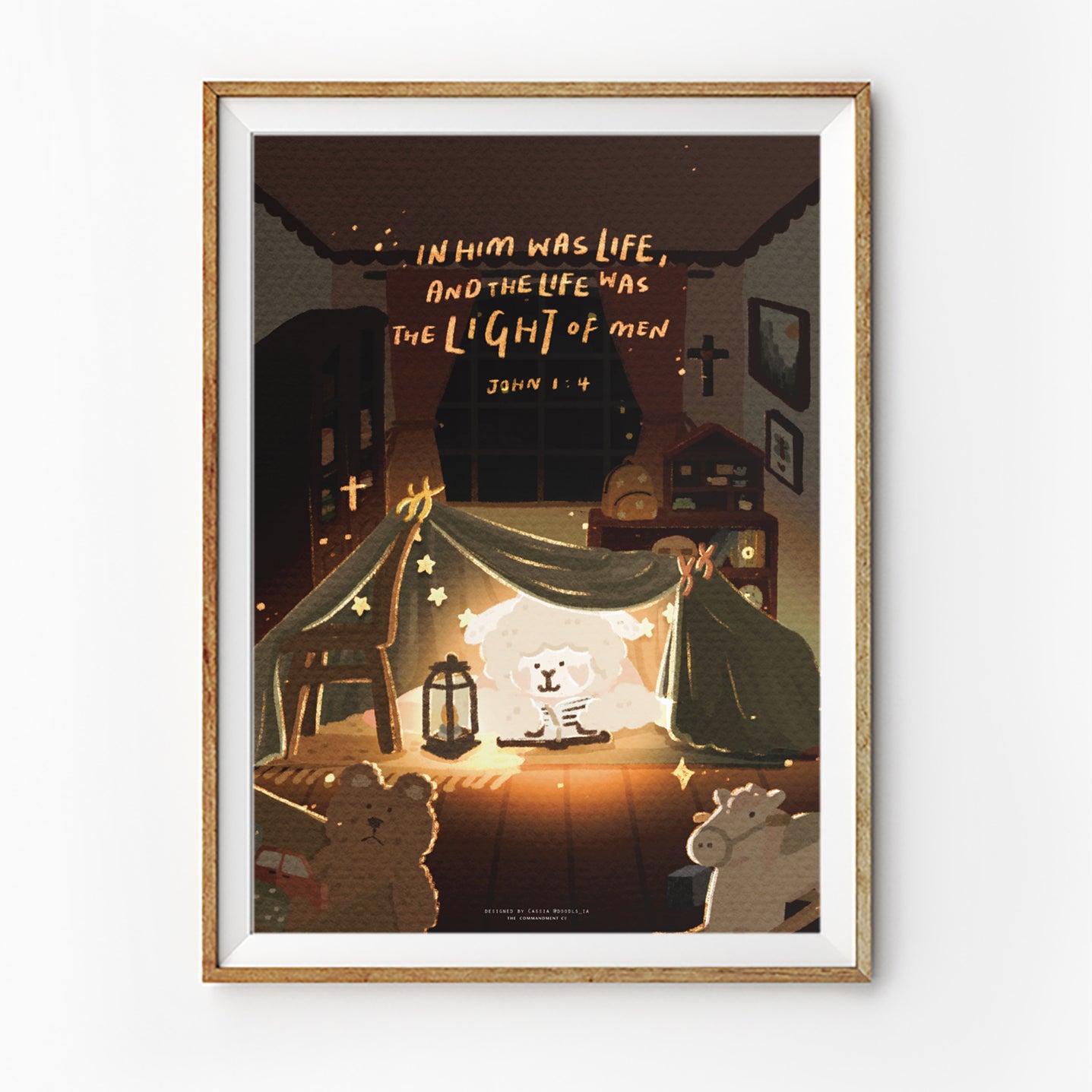 Christian poster featuring John 1:4, “In Him was life, and the life was the light of men,” with a glowing lamb in a cosy room