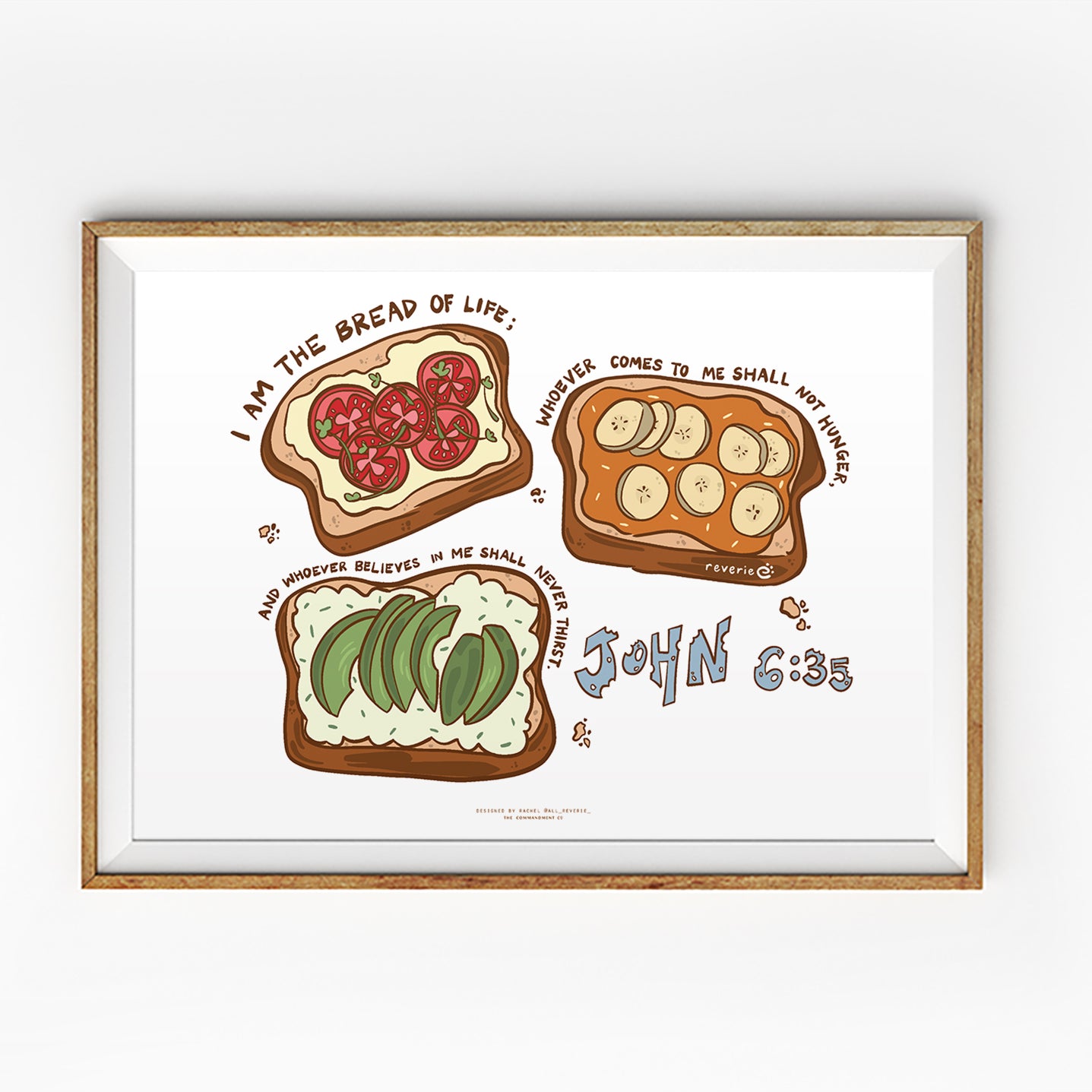 Christian poster featuring illustrated toast with toppings and the phrase “I am the bread of life” from John 6:35 in a playful design