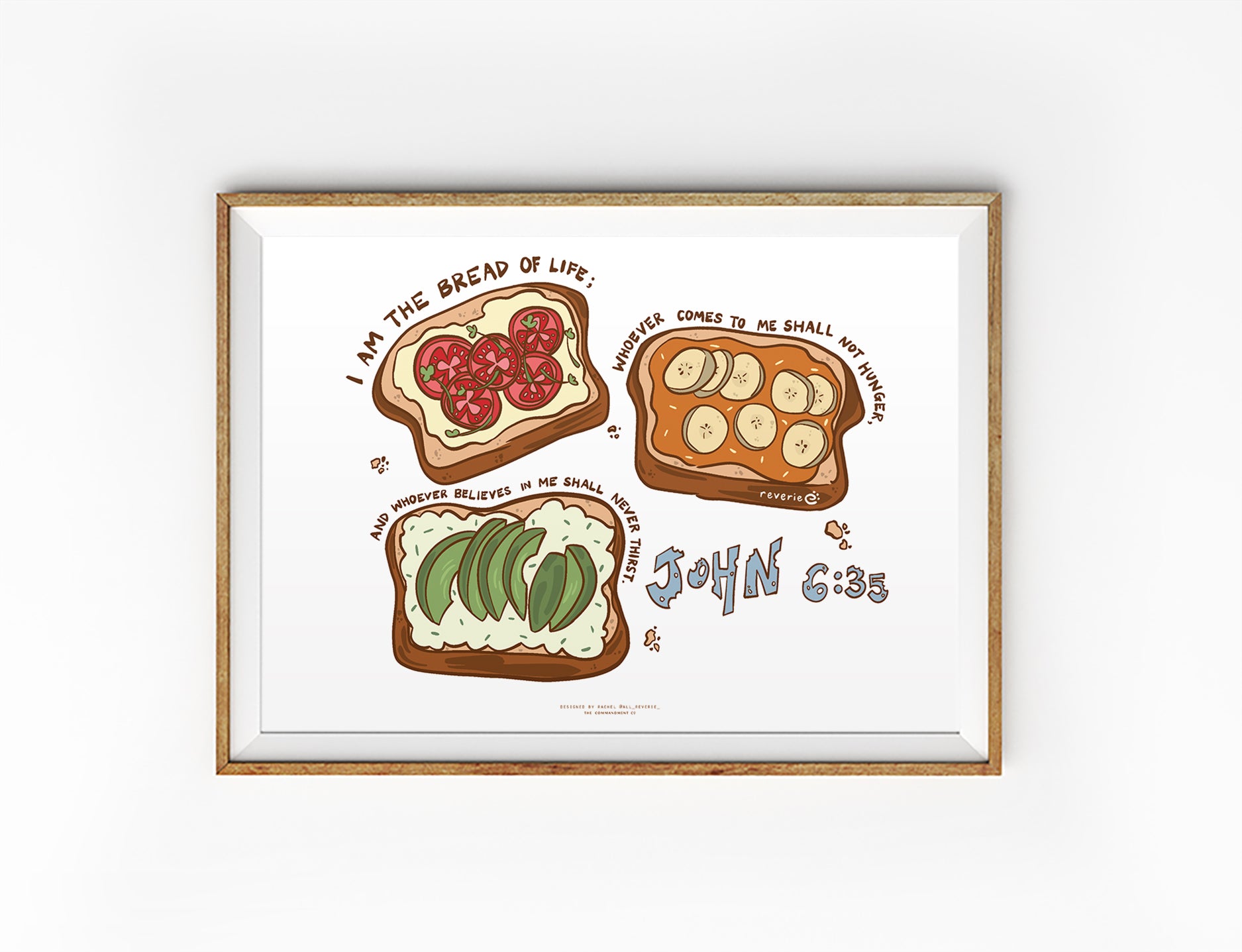 Christian poster featuring illustrated toast with toppings and the phrase “I am the bread of life” from John 6:35 in a playful design