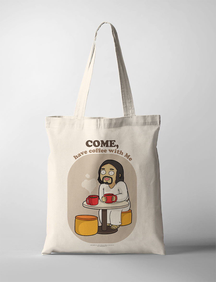Christian tote bag collaboration between John Euclid and The Commandment Co featuring illustrated Jesus having coffee at a café table with the phrase “Come, have coffee with Me” printed on canvas tote bag