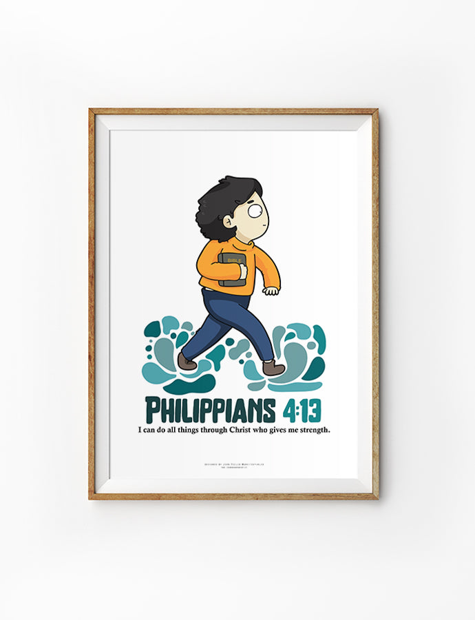 Christian poster collaboration between John Euclid and The Commandment Co featuring illustrated character walking on waves with a Bible and the verse Philippians 4:13 about strength through Christ