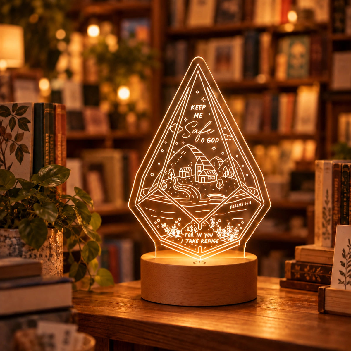 Keep Me Safe O God Psalm 16 night light glowing in a cosy bookstore setting