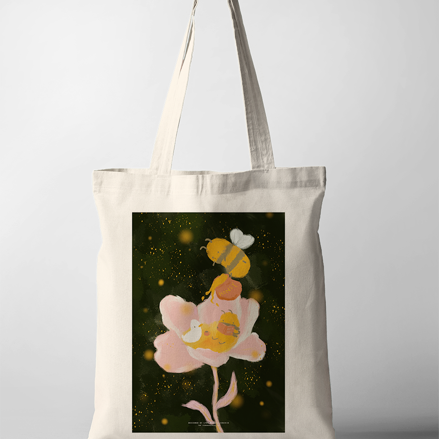 Kind Words Are Like Honey tote bag featuring a bee and flower design, Christian inspirational accessory from The Commandment Co, Singapore