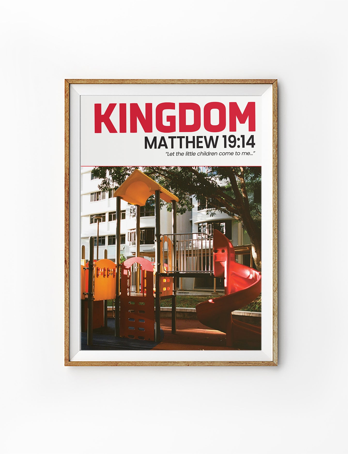 Christian poster with colourful playground and Matthew 19:14, Kingdom Faith, by The Commandment Co