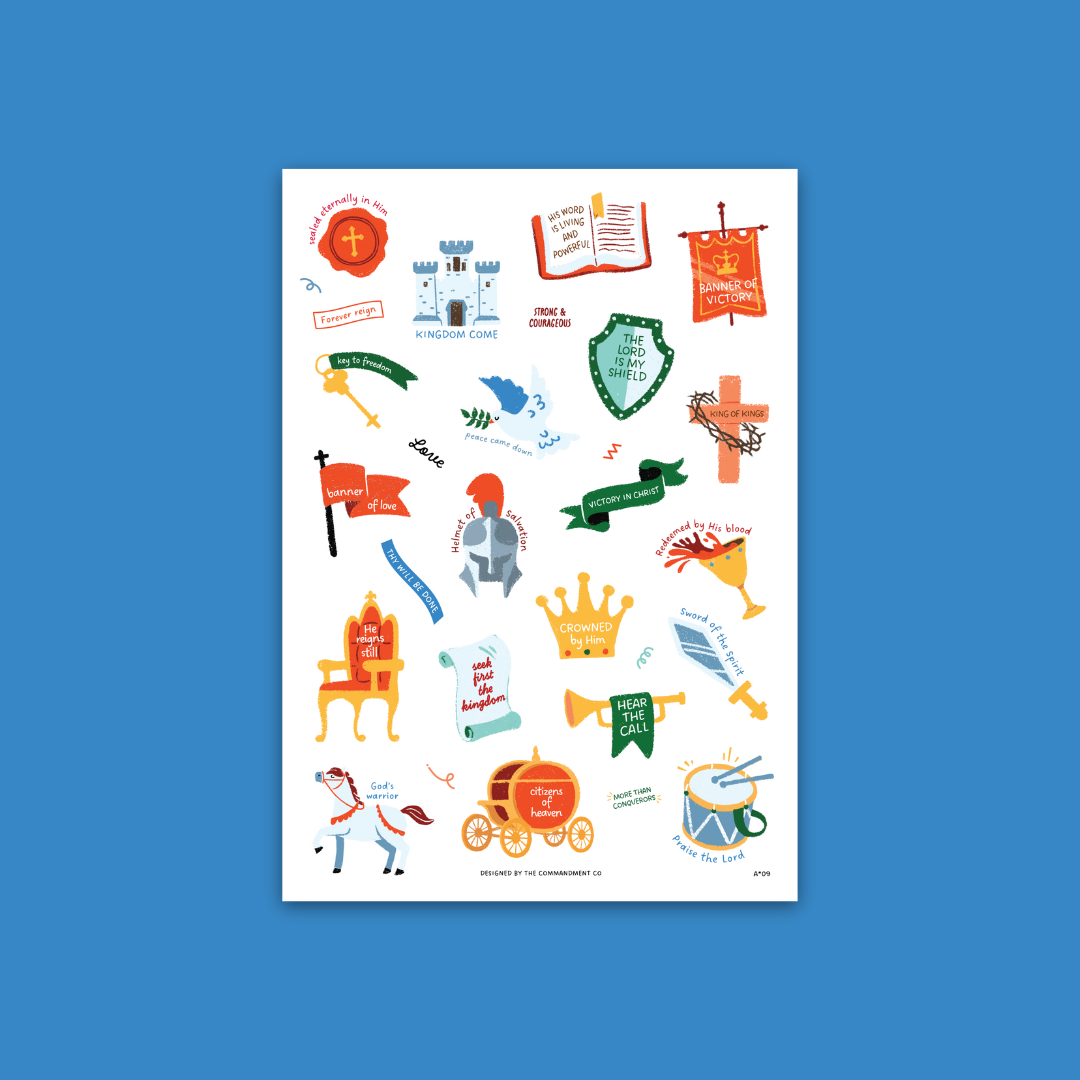 Kingdom Stickers Sticker Sheet with transparent background featuring faith-inspired victory and royalty designs like “Victory in Christ,” “Seek First the Kingdom,” and “Crowned by Him” by The Commandment Co.