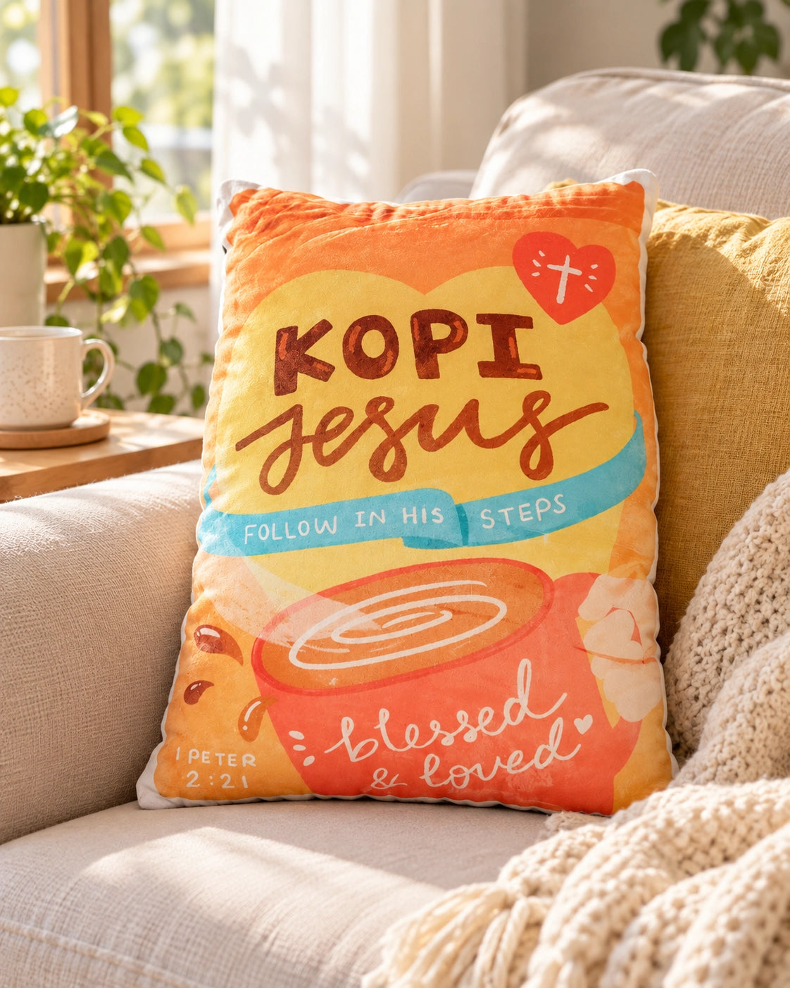 Kopi Jesus Coffee plush toy styled on a sofa in a warm, sunlit living room.