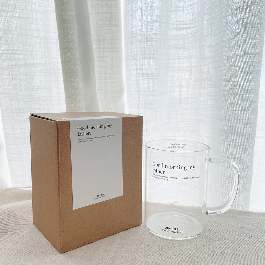 Good Morning My Father glass mug with Lamentations 3:23 Bible verse in English