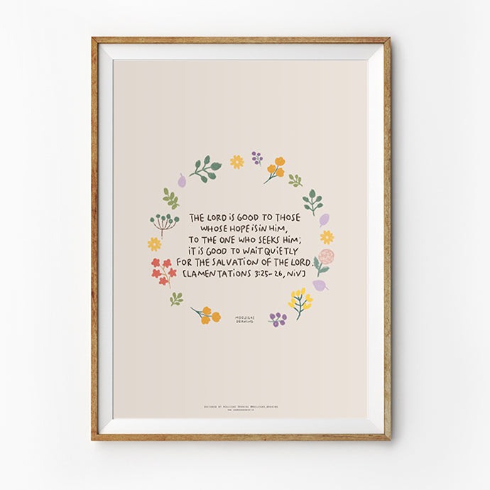 Floral Christian poster featuring Lamentations 3:25-26 about waiting quietly for the salvation of the Lord