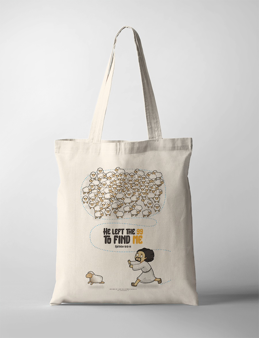 Christian tote bag with 'Left the 99' design inspired by Luke 15 parable of the lost sheep.