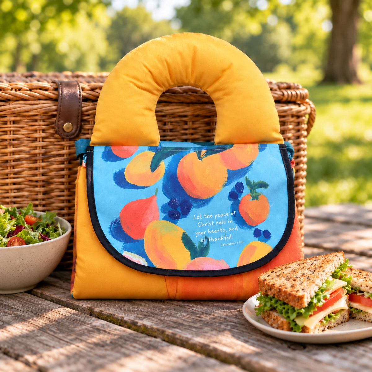 Let the Peace of Christ Rule Christian picnic mat styled outdoors beside a picnic basket