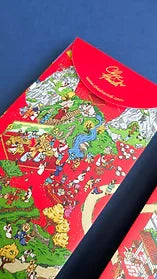 Detail view of the Life of Jesus red and blue ang pao designs