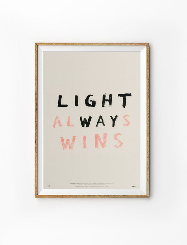 Light Always Wins Christian poster inspired by John 1:5 in a natural wood frame on a white background