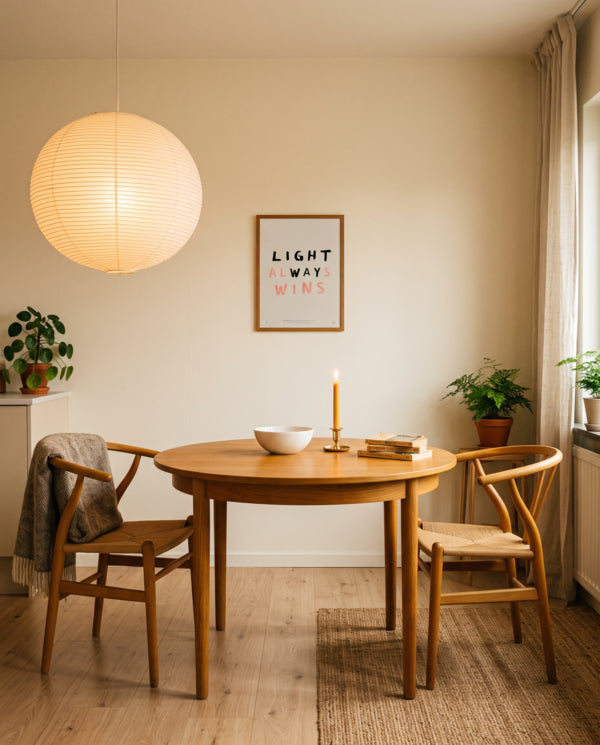 Light Always Wins Scripture poster displayed above a warm wooden dining table
