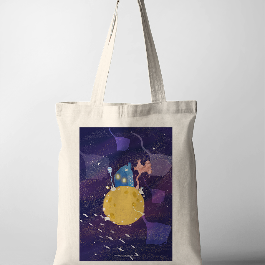 Light of the World tote bag featuring a whimsical night scene with a house on a moon, Christian inspirational accessory from The Commandment Co, Singapore