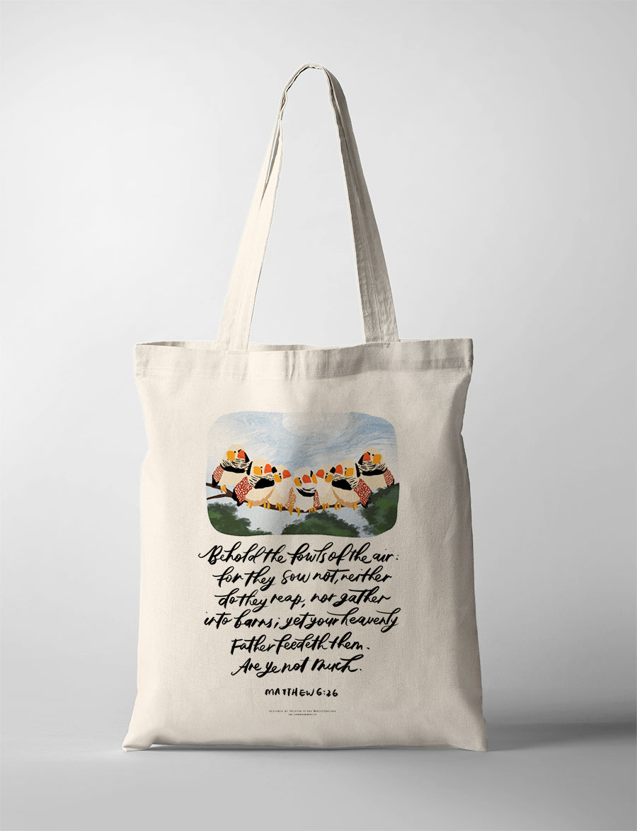 Look at the Birds CollabPlus+ tote bag with colourful bird illustration and Matthew 6:26 lettering by Kristen Kiong