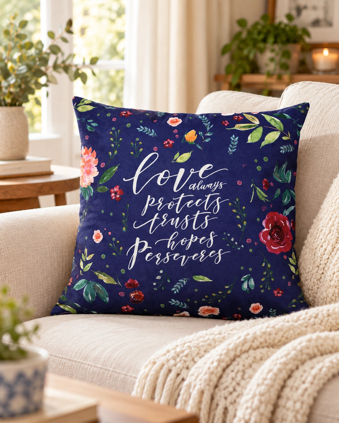 Love Always Christian cushion cover with floral navy design styled on a neutral sofa.