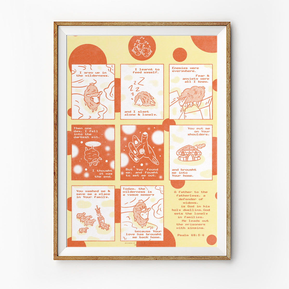 Love Has Brought Me Back Home Psalm 68:5–6 Christian poster in yellow and orange with illustrated sheep panels