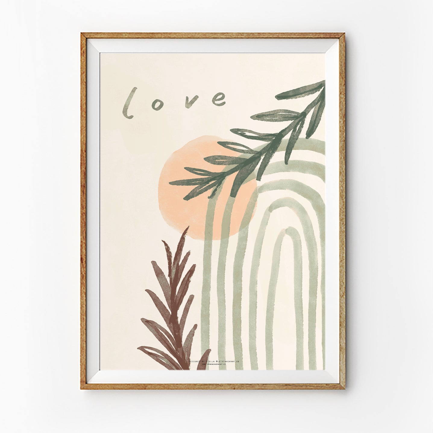 Minimalist Christian poster featuring the word “Love” with abstract arches, soft peach tones, and botanical illustrations