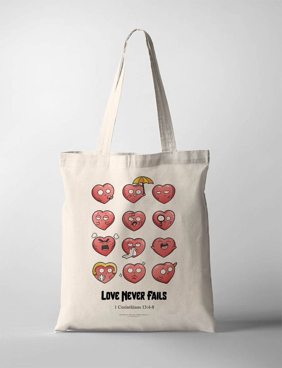 Faith-based tote bag featuring 'Love Never Fails' scripture quote from 1 Corinthians 13.