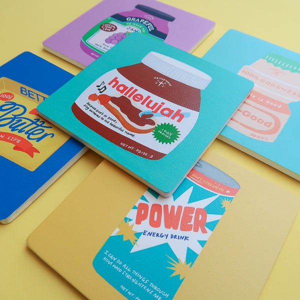 LOVE SUPERMARKET Christian coaster collection with grocery-inspired designs