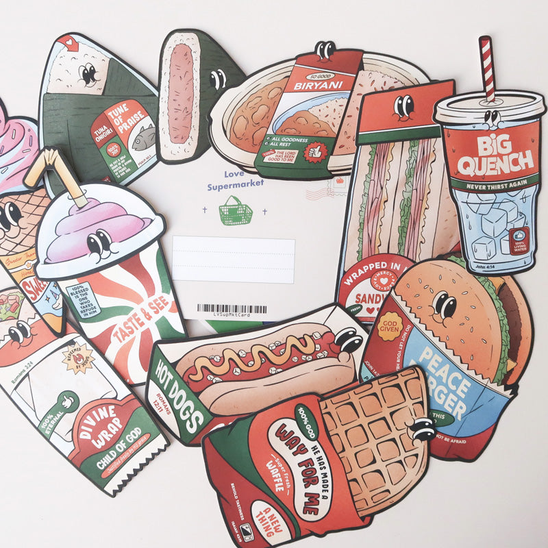 A collection of Christian postcards from the Love Supermarket series featuring inspirational designs with biblical quotes and faith-based themes.