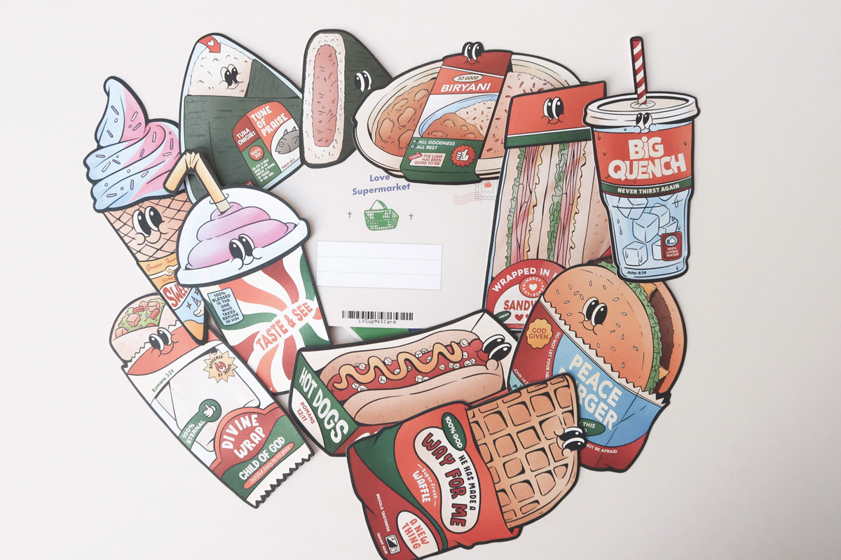 A collection of Christian postcards from the Love Supermarket series featuring inspirational designs with biblical quotes and faith-based themes.