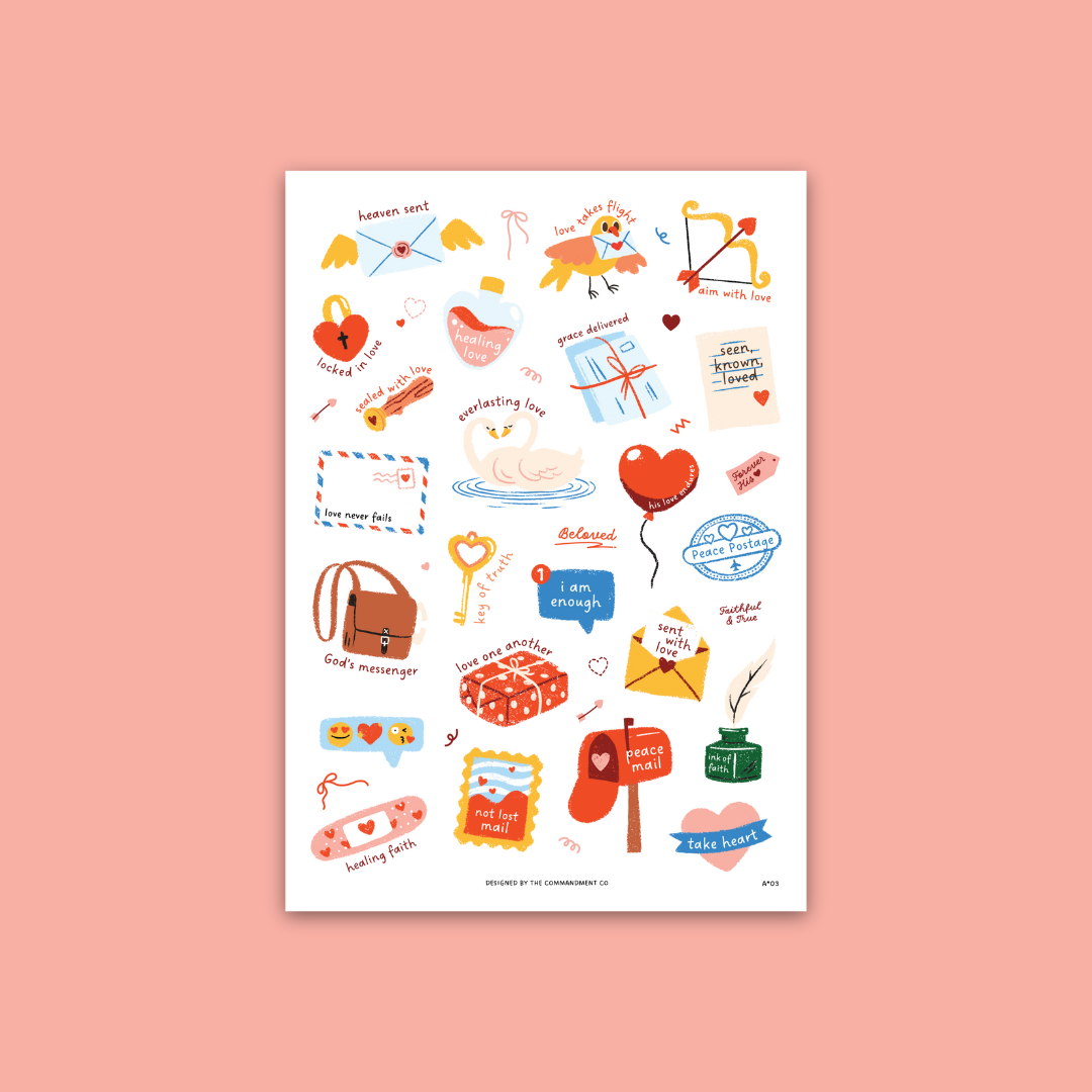 Love Stickers Sticker Sheet with transparent background featuring faith-inspired love designs like “Love Never Fails,” “Sealed with Love,” and “Take Heart” by The Commandment Co.