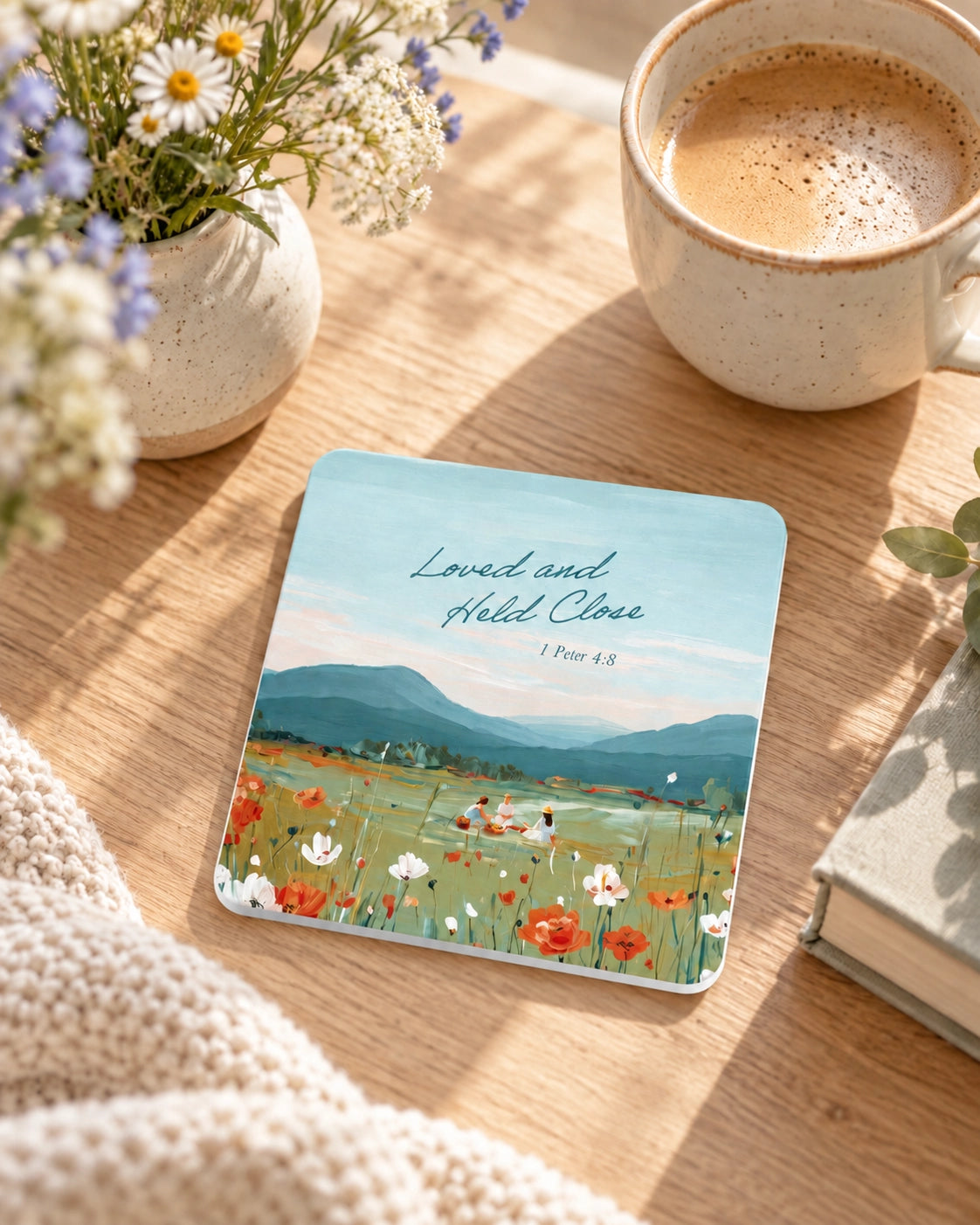 Loved and Held Close Christian coaster styled on a sunlit wooden table beside coffee and flowers.