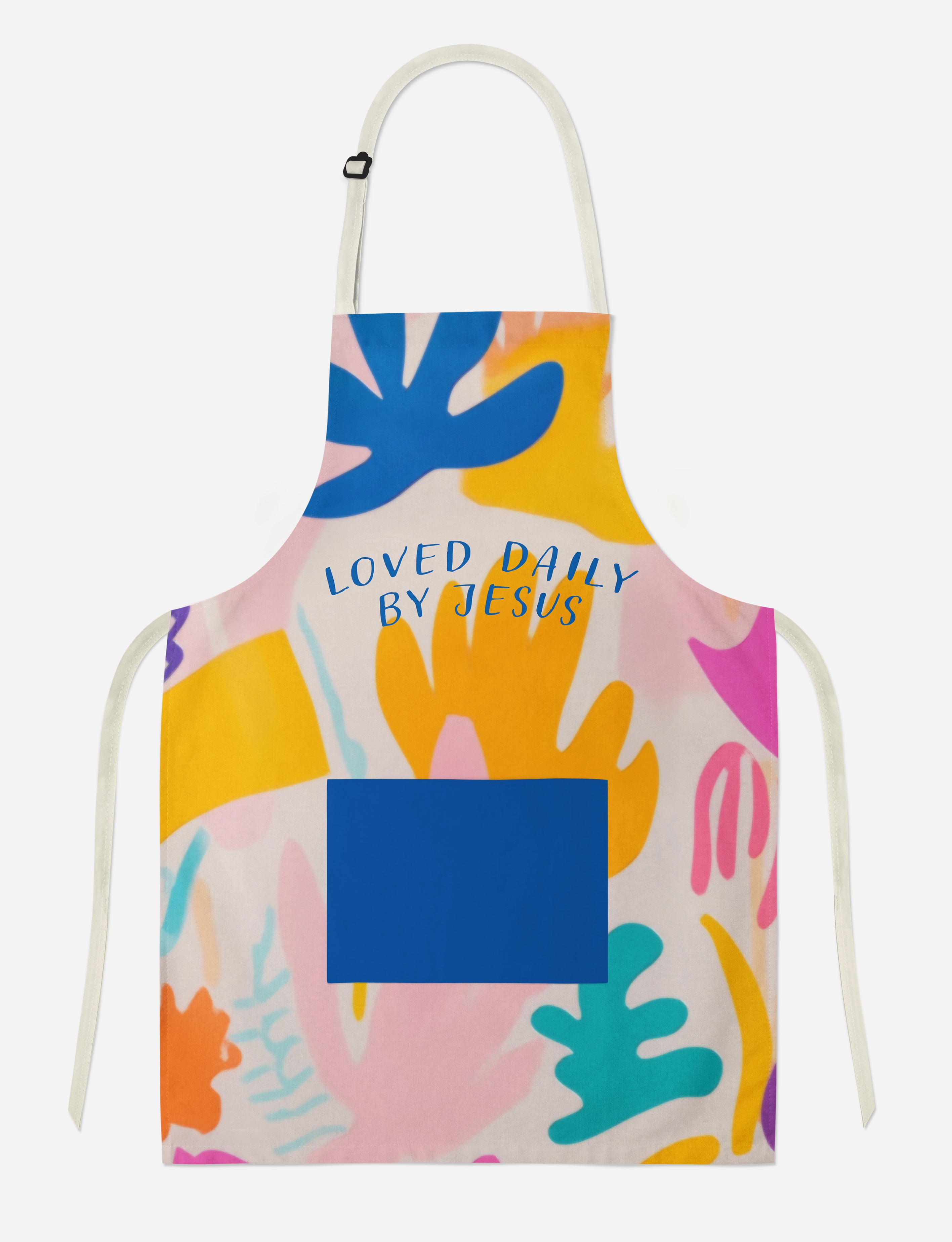 Loved Daily by Jesus apron with vibrant abstract shapes in blue, yellow, pink, and teal, sharing a message of faith, encouragement, and simple happiness.