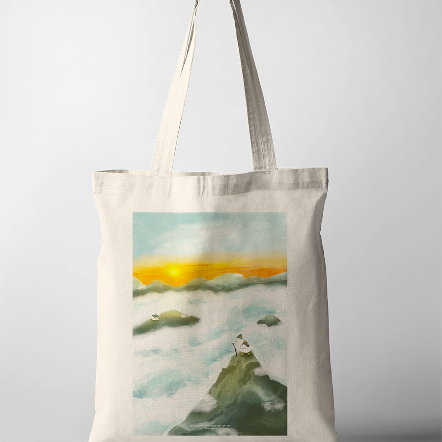 Maker of Heaven and Earth tote bag featuring a serene mountain and sunrise scene, Christian inspirational accessory from The Commandment Co, Singapore