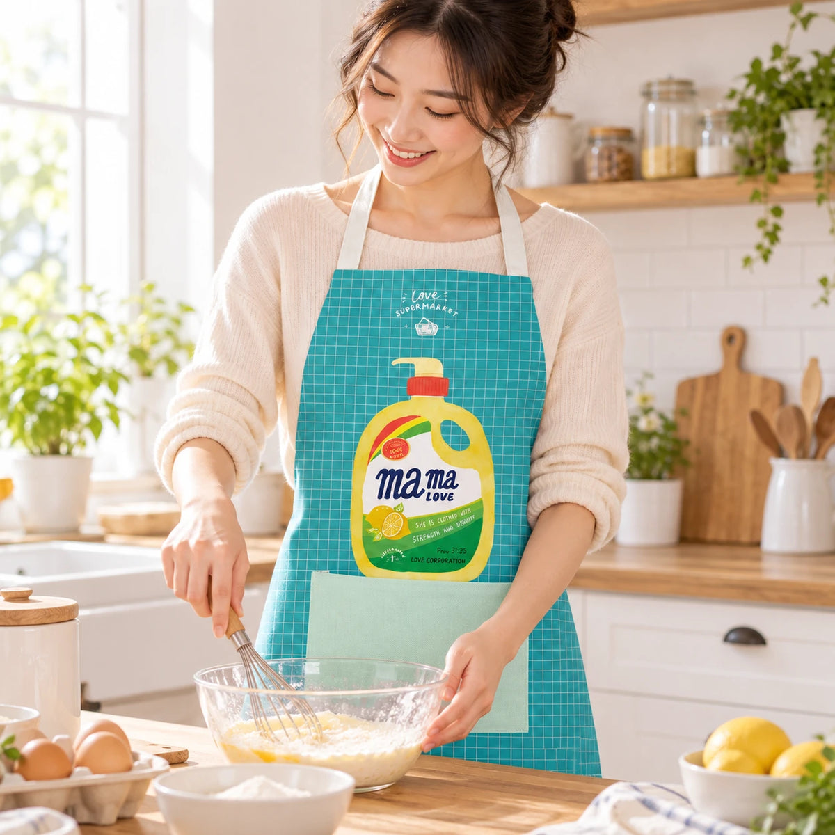 Mama Love Christian apron worn while baking in a bright home kitchen.