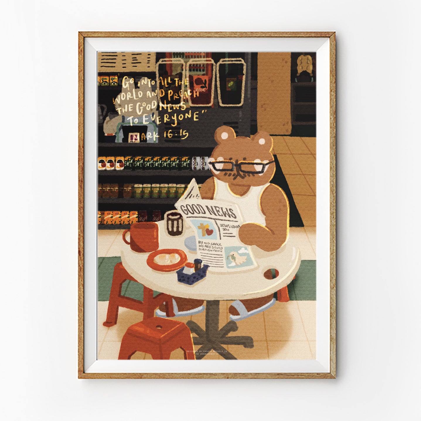 Christian poster featuring Mark 16:15 with an illustrated bear reading a Good News newspaper in a camark-16-15-good-news-bear-christian-posterfe setting