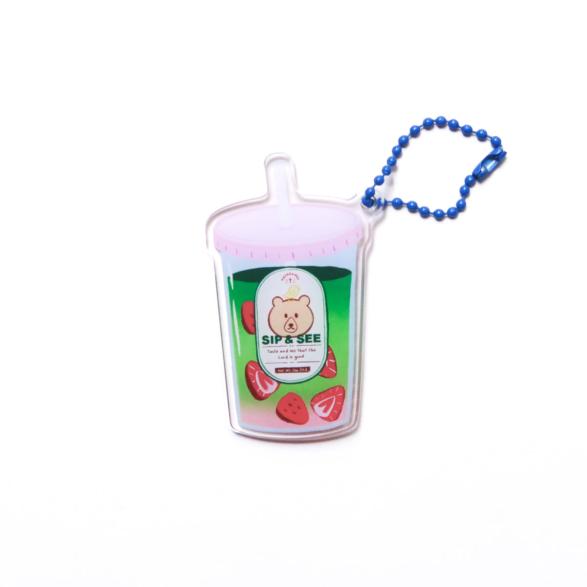 Sip & See strawberry matcha drink acrylic keychain with blue ball chain on a white background, designed with a bear graphic and Psalm 34:8.