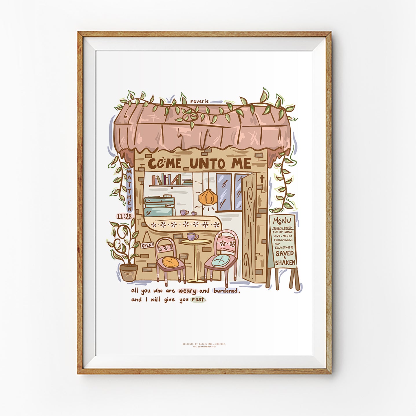 Christian poster with cozy café illustration and the phrase “Come unto me all you who are weary and burdened and I will give you rest”