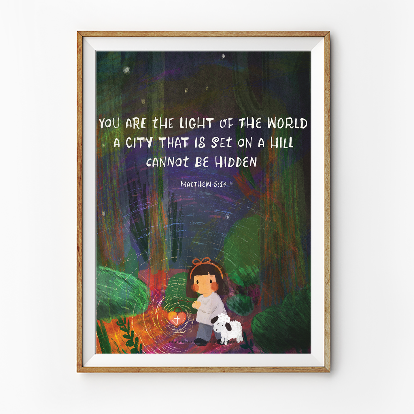 Christian poster with Matthew 5:14 “You are the light of the world,” illustrated girl holding lantern with sheep in colorful forest.