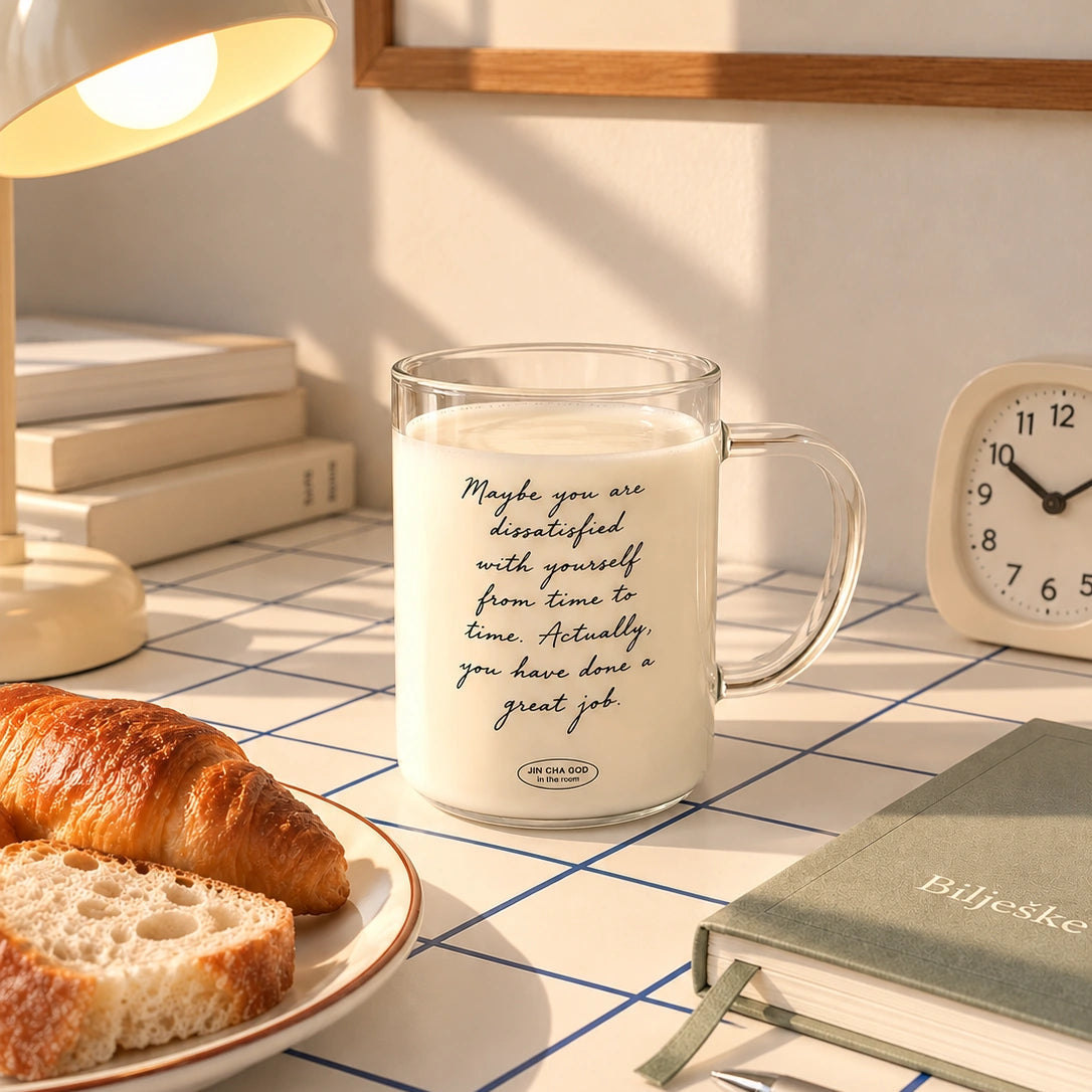 Maybe you are dissatisfied glass mug with handwritten encouragement on a sunlit desk with books and breakfast