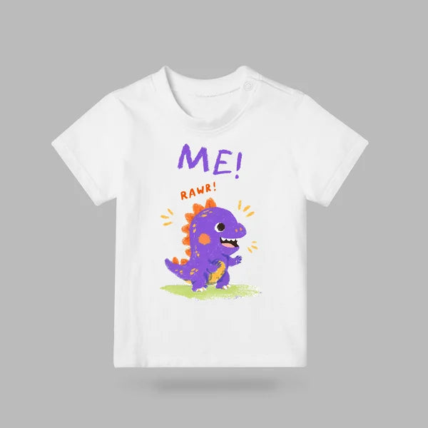 White ME! RAWR dinosaur kids T-shirt with colourful purple dinosaur design