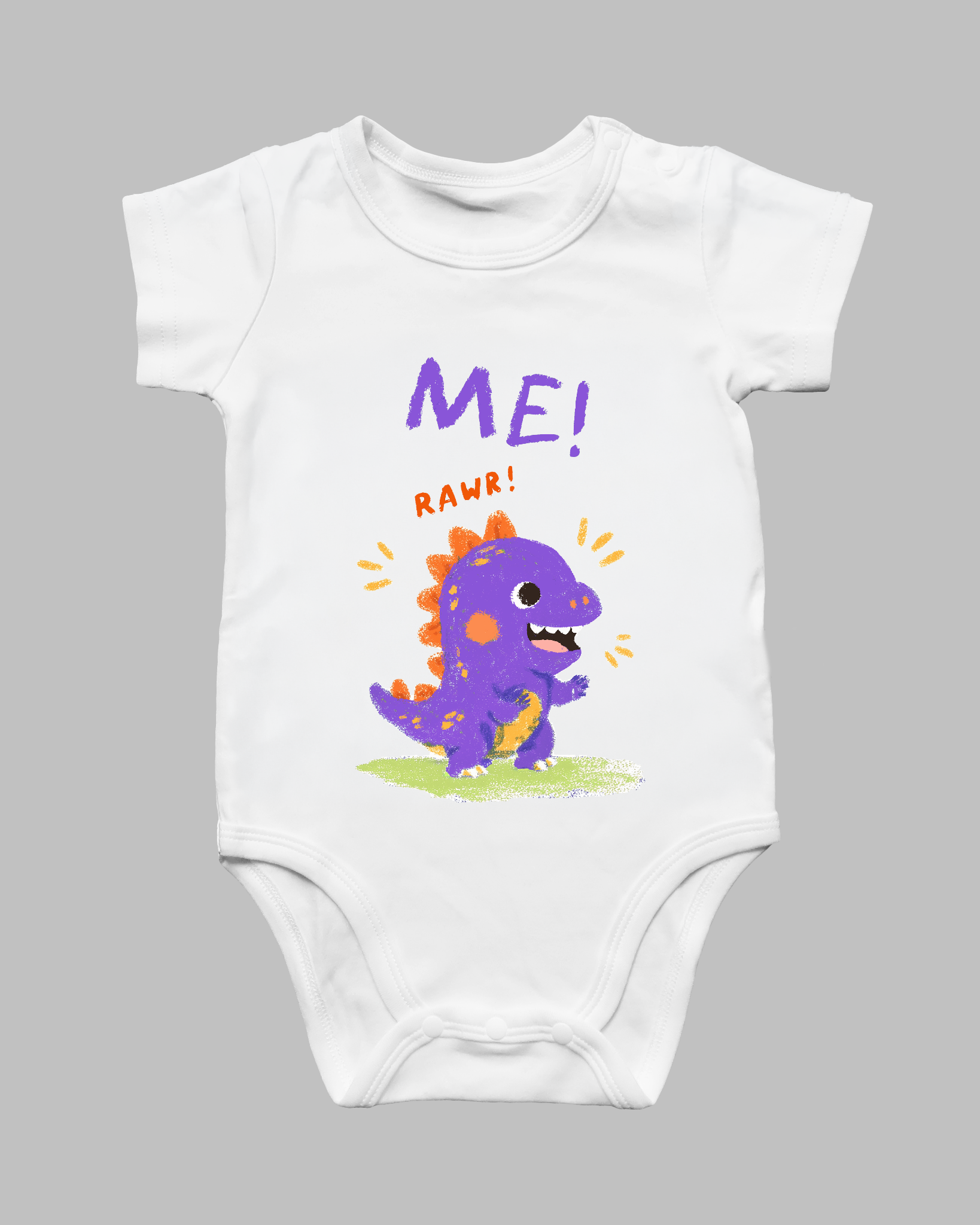 White ME! RAWR Christian baby romper with colourful purple dinosaur illustration