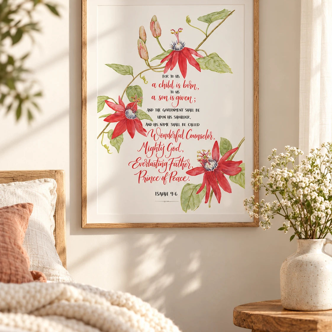 Mighty God Isaiah 9:6 floral poster framed on a sunlit bedroom wall