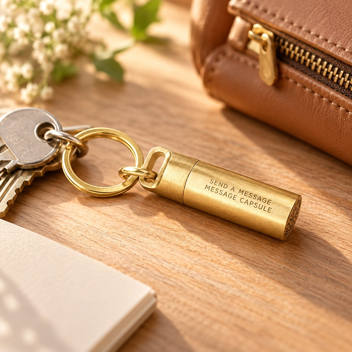 Mini Capsule Brass Keychain with message capsule styled beside keys and a leather bag