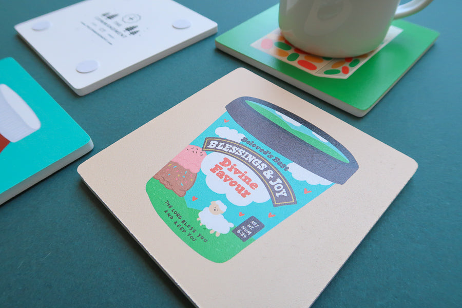 Love Supermarket creative Christian wooden coaster assortment.