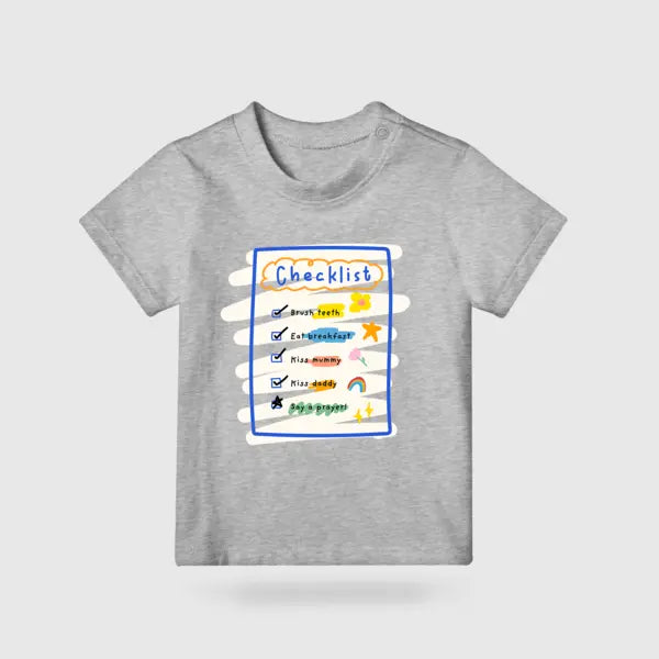Grey kids T-shirt featuring a colourful My Daily Checklist design with morning routines and prayer