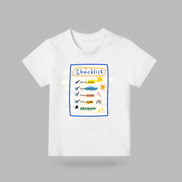White kids T-shirt featuring a colourful My Daily Checklist design with morning routines and prayer