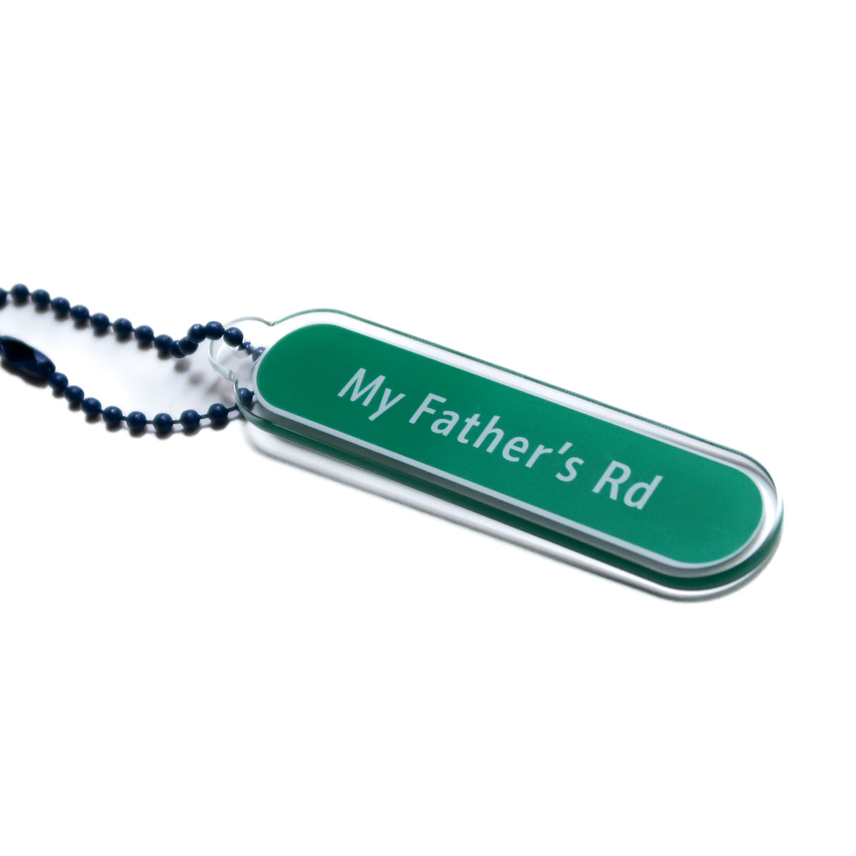 My Father’s Road green acrylic street-sign Christian keychain.