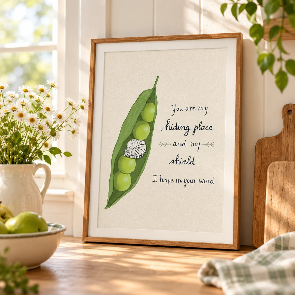 My Hiding Place Christian pea pod poster displayed in a warm kitchen by a window
