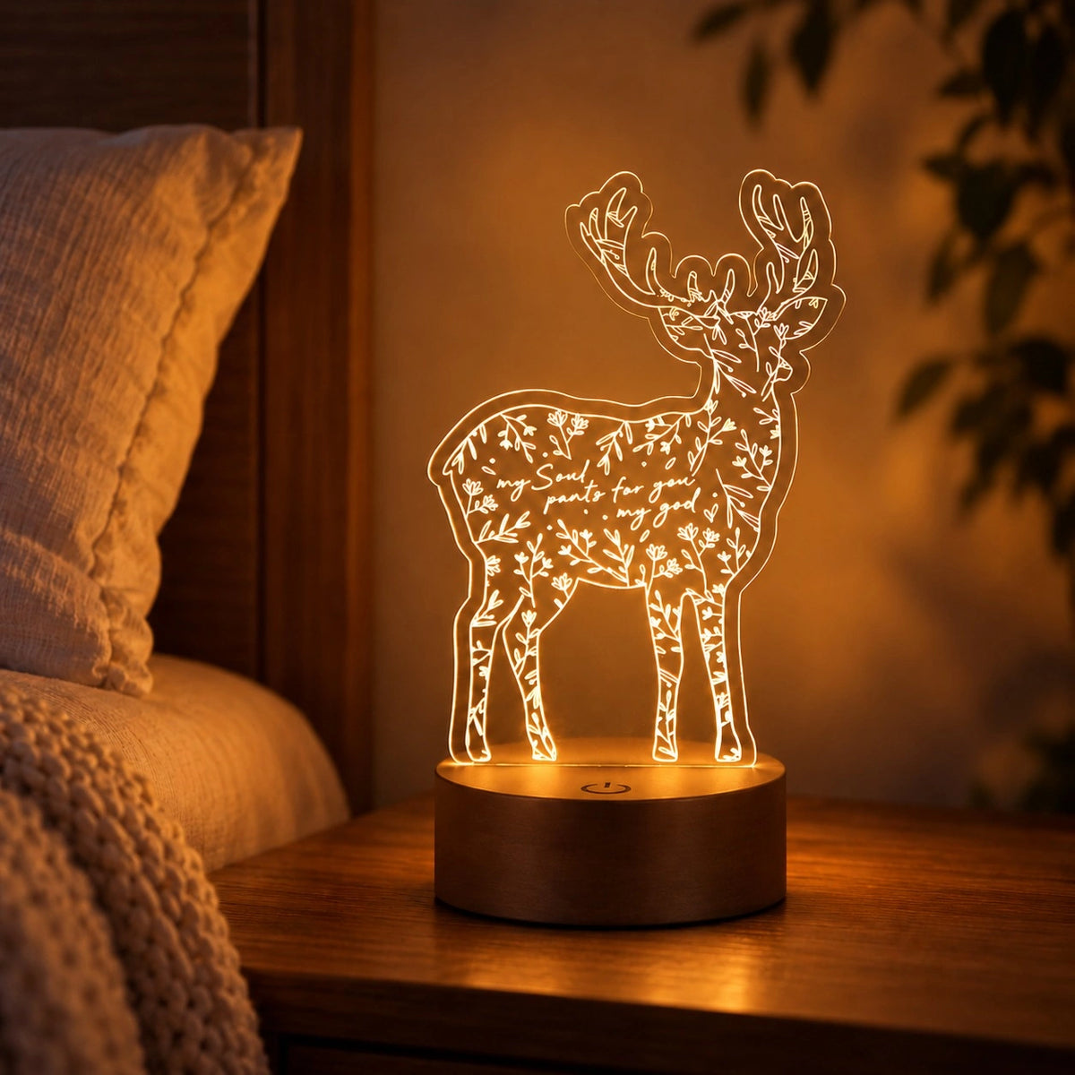 My Soul Pants for You, My God deer night light glowing warmly on a bedside table.