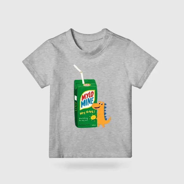 Grey Mylo Mine dinosaur drink packet kids’ T-shirt on a grey background